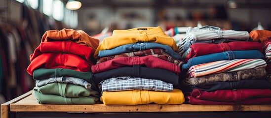 Stack of warm clothes Second hand store Cloth heap. Copyspace image. Header for website template - obrazy, fototapety, plakaty