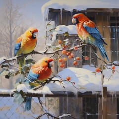 parrots in the yard in the snow, ai generator
