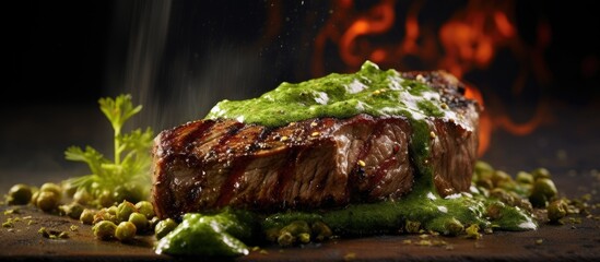 Tenderloin Steak with Green Pepper Sauce or Filet Mignon and Sauce Pouvre Vert. Copyspace image. Header for website template - obrazy, fototapety, plakaty
