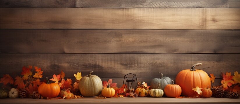 Wooden table over autumn leaves garland decoration background Thanksgiving holiday mock up for design and product display. Copyspace image. Header for website template
