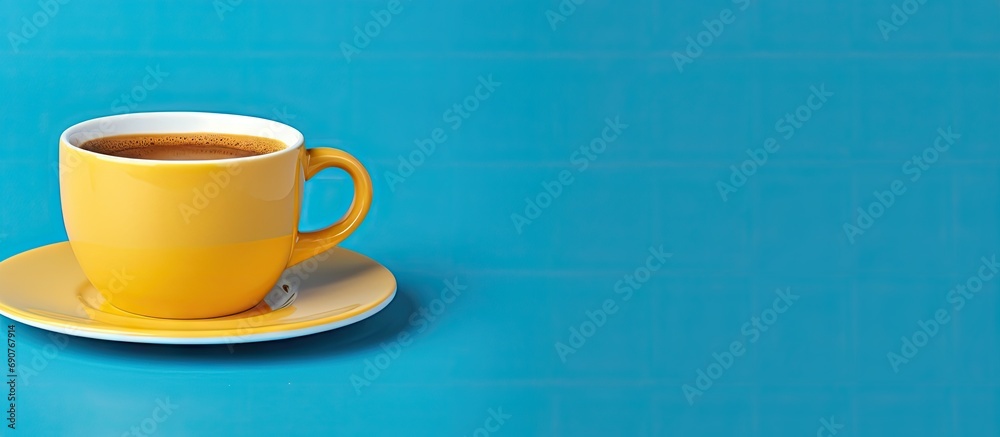 Poster yellow cup with aromatic coffee on a blue background. copyspace image. header for website template