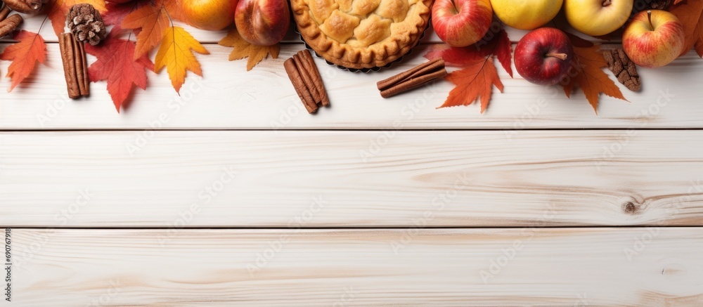Aufkleber Selection of homemade autumn pies Pumpkin apple and pecan Above view corner border on a white wood background with copy space. Copyspace image. Header for website template