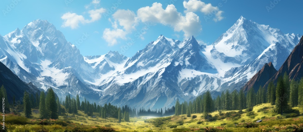 Aufkleber View of mountain peaks in spring time in High Tatras. Copyspace image. Header for website template