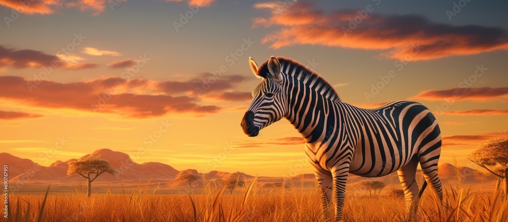 Aufkleber Zebra eating while on the open field of the plains. Copyspace image. Header for website template