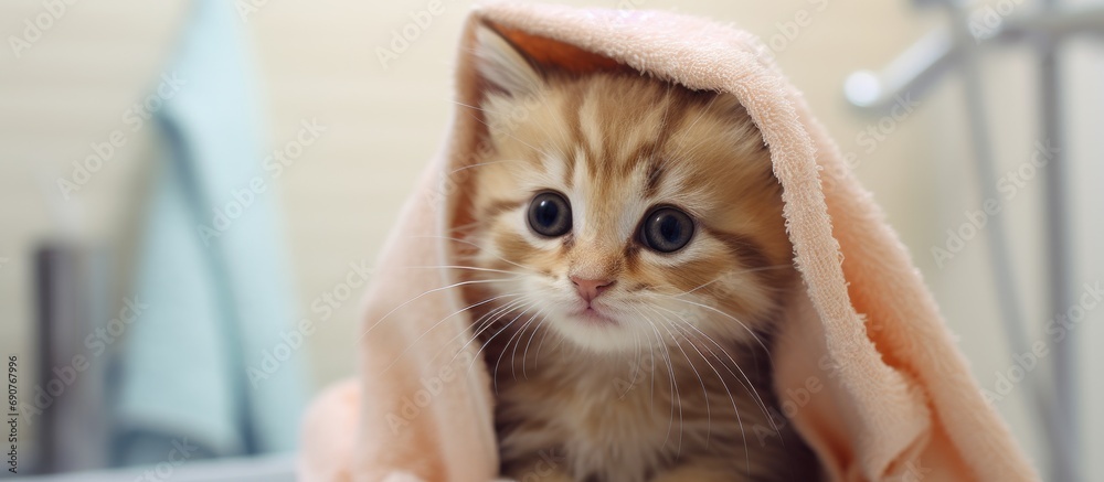 Poster woman wipes wet kitten with a towel after bathing. copyspace image. header for website template