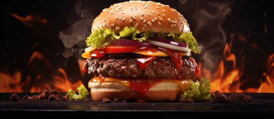 Smash burger with three meatballs waiting to be served on the grill. Copyspace image. Header for...