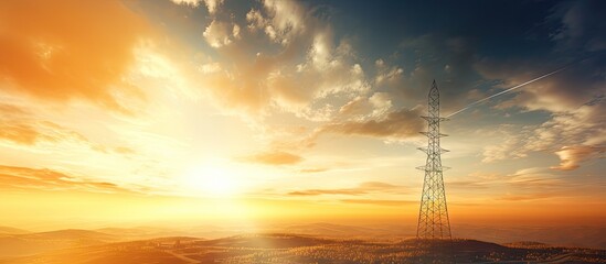 Telephone tower radio tower during sunset Telecommunication Tower for 2G 3G 4G 5G network Cellular phone antenna BTS microwave repeater base station IOT telecommunication tower on golden sky - obrazy, fototapety, plakaty