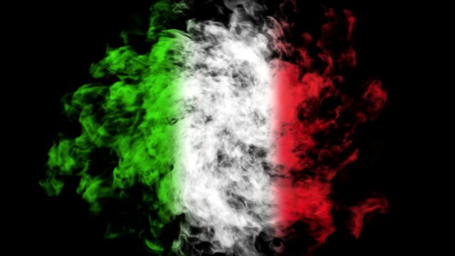 Smoke colored in green white red color forming flag of Italy. Isolated on black background, white smoke on black alpha channel.