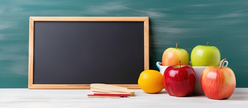school lunch and blank chalk board over white. Copyspace image. Header for website template