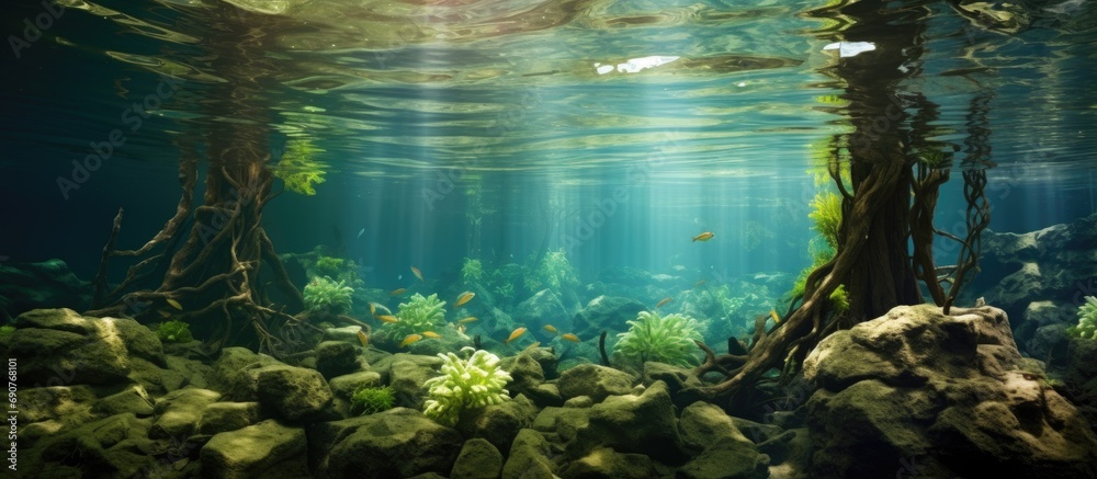 Aufkleber Riparian habitat ecosystem of forest lake shore with tree roots moss and aquatic plants in a over under split underwater view. Copyspace image. Header for website template