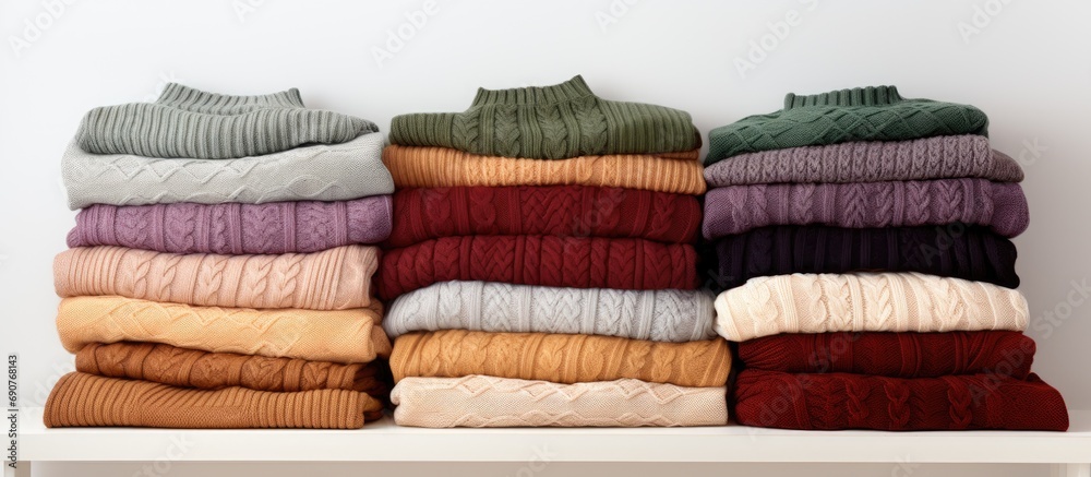 Aufkleber Stack of various sweaters isolated on white background. Copyspace image. Header for website template