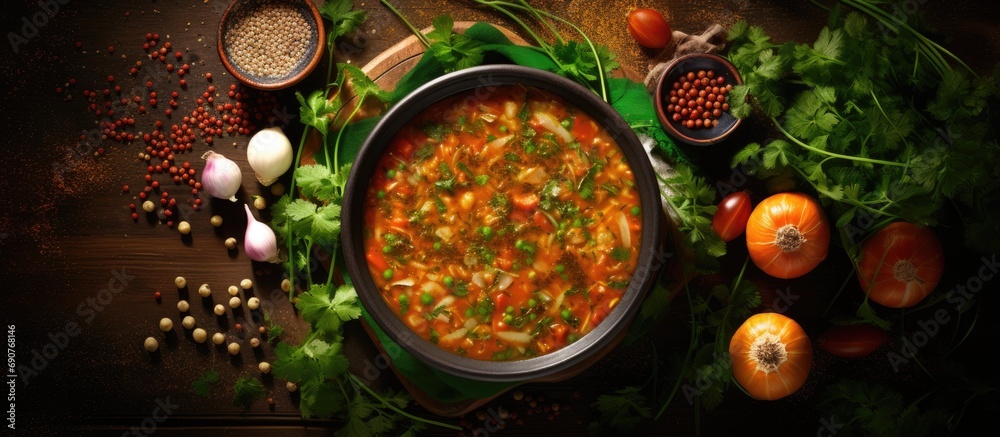 Poster vegetarian vegetable lentil soup with fresh parsley healthy eating top view. copyspace image. header