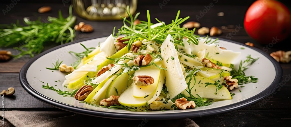 Aufkleber vegetarian fennel and apple salad with pecan nuts and pecorino romano cheese shavings. copyspace ima