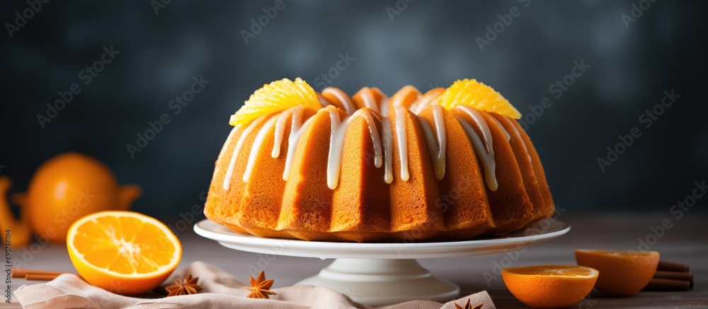 Poster traditional vanilla pound cake with orange extract bundt cake recipe. copyspace image. header for we