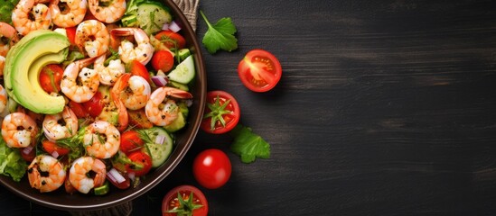 Shrimp arugula salad with avocado slices high angle view of ready to eat keto friendly dish simple and healthy recipe. Copyspace image. Header for website template - Powered by Adobe