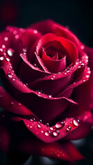 Close up of red rose with water droplets.