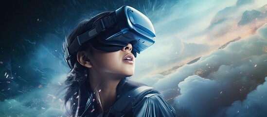 Young asian woman wearing VR goggles Virtual reality Digital contents. Copyspace image. Header for website template - obrazy, fototapety, plakaty