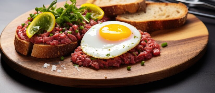 Steak tartare with quail egg and toast on plate with ingredients in a restaurant. Copyspace image. Header for website template