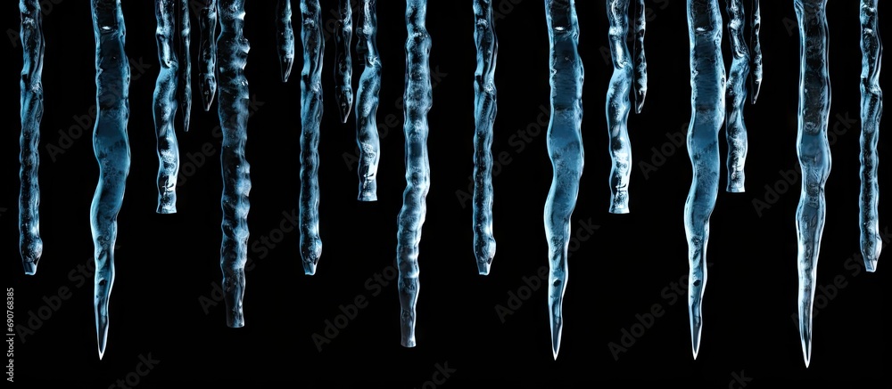 Poster sharp icicles isolated on black background. copyspace image. header for website template