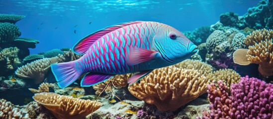 Fototapeta na wymiar Underwater photo of beautifully colored blue barred parrotfish swimming among coral reefs. Copyspace image. Header for website template
