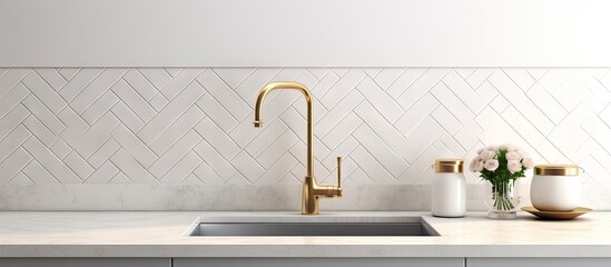 Sink detail shot in a luxury kitchen with herringbone backsplash tiles white marble countertop and gold faucet. Copyspace image. Header for website template - obrazy, fototapety, plakaty