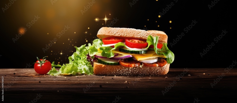 Poster sandwich bread tomato lettuce and yellow cheese. copyspace image. header for website template