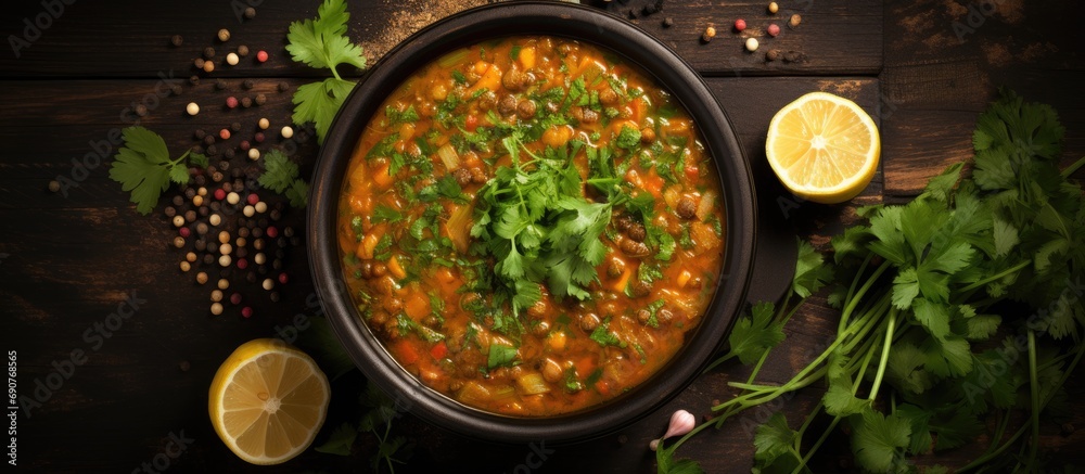 Aufkleber vegetarian vegetable lentil soup with fresh parsley healthy eating top view. copyspace image. header