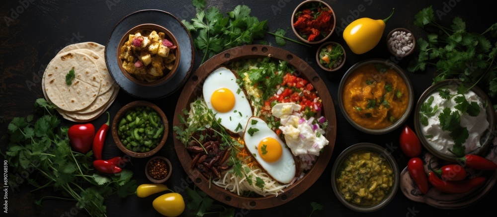 Poster tacos with eggs for breakfast and variety of mexican dishes. copyspace image. header for website tem