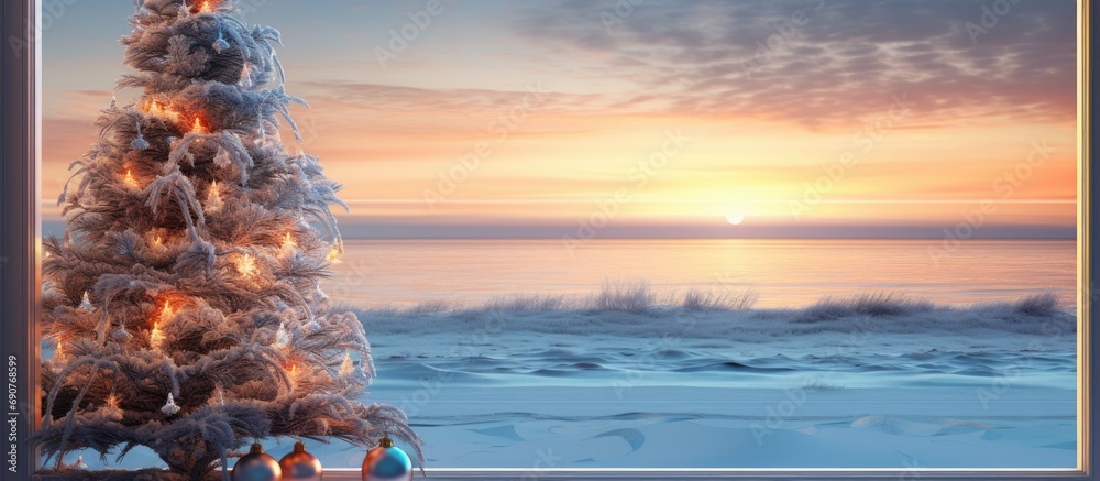 Poster winter trees and a sea view during a golden sunset seen through a patio window there is a defocused 