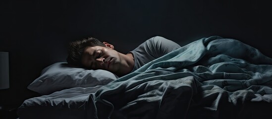 Worried man can t sleep thinking about problems. Copyspace image. Header for website template