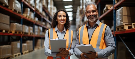 Two smiling coworkers in uniforms comparing documents and standing in warehouse. Copyspace image. Header for website template