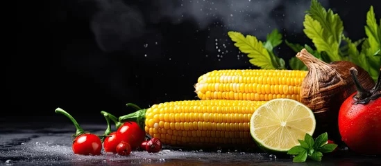 Foto op Canvas Summer food Ideas for barbecue and grill parties Grilled corn grilled on fire With a sprinkle of cheese elotes hot chili pepper lemon On a dark stone table black plate Copy space top view © vxnaghiyev
