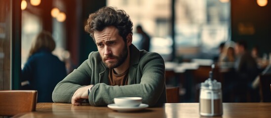 Upset millennial outsider feel offended lack company young outcast guy suffer from discrimination jealous of friends hang out together in cafe envious male loner depressed sit alone in coffeesh - obrazy, fototapety, plakaty