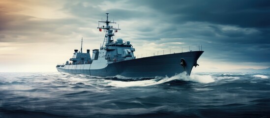 warship view navy forces at sea ship sailing at sea. Copyspace image. Header for website template - obrazy, fototapety, plakaty