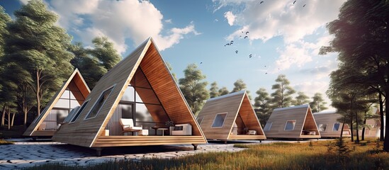 Wooden houses in a triangular summer camp summer vacation in an eco friendly house summer....