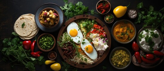 Tacos with eggs for breakfast and variety of mexican dishes. Copyspace image. Header for website template - obrazy, fototapety, plakaty