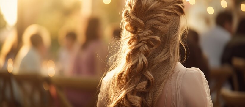 Young girl with braid or plait hairstyle long hair in a wedding ceremony. Copyspace image. Header for website template