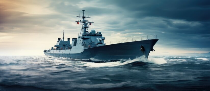 warship view navy forces at sea ship sailing at sea. Copyspace image. Header for website template