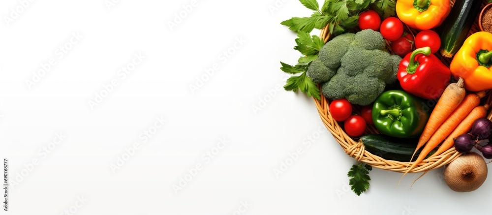 Fototapete vegetables in basket isolated on white background cabbage celery potato pepper onion carrot garlic l