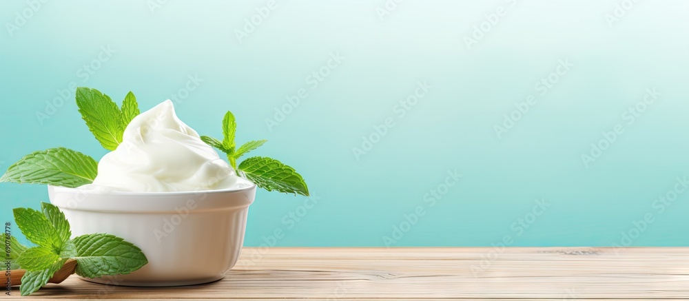 Aufkleber vanilla ice cream balls with mint leaves in a turquoise bowl on a turquoise wooden table. copyspace 