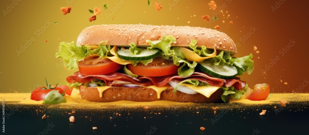 Poster sandwich bread tomato lettuce and yellow cheese. copyspace image. header for website template