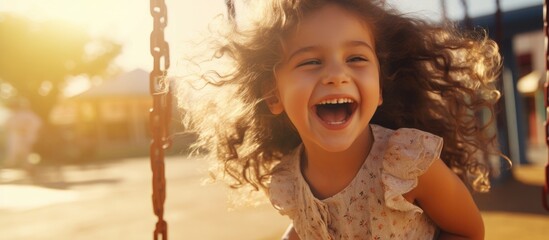 Young pretty happy smiling teenage small girl having fun on playground swings on summer vacations sunny day. Copyspace image. Header for website template