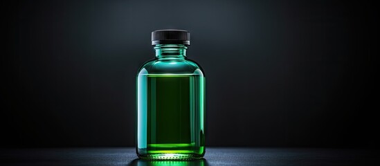 Selective blur on a close up of a Bottle of 70 alcohol medical alcohol of ethanol style used for disinfection in healthcare system isolated on a black background. Copyspace image. Square banner