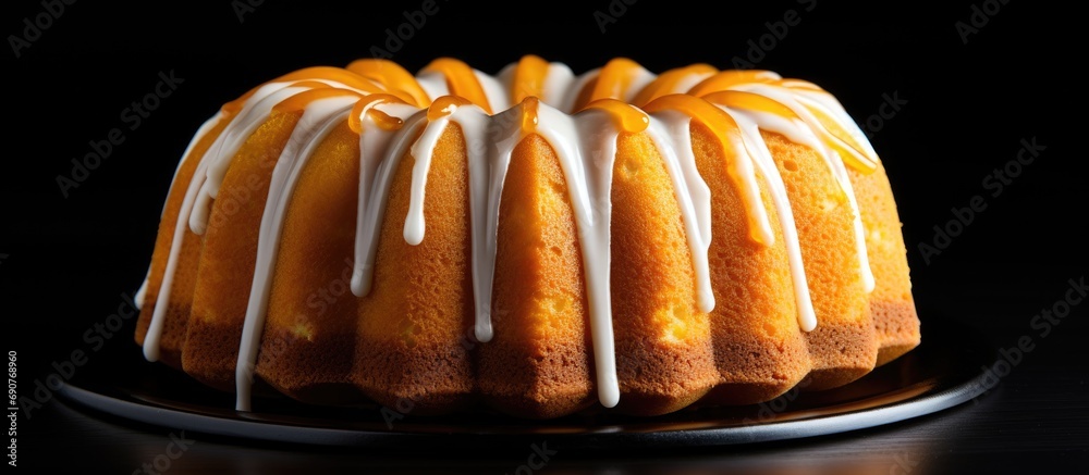 Poster traditional vanilla pound cake with orange extract bundt cake recipe. copyspace image. header for we