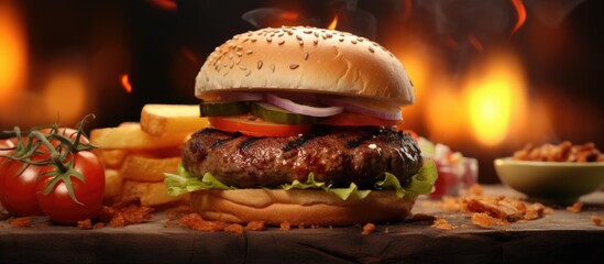 Smash burger with three meatballs waiting to be served on the grill. Copyspace image. Header for...