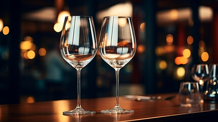 two empty wine glasses standing placed in a restaurant restaurant, interior with warm light - 690768940