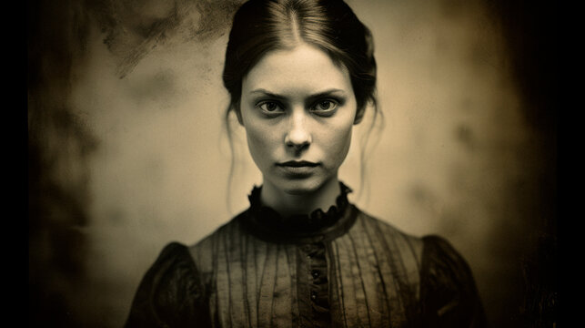 portrait, woman, 30 year old, 1800s, collodion, style, old photographic style, face, fashion, model, expression, people, beauty, studio, looking, one, suit, handsome, AI generate.
