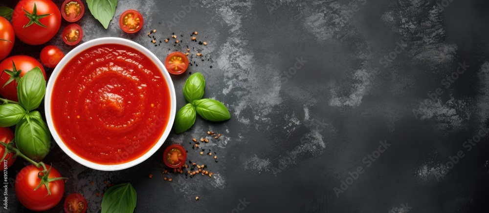 Poster Tomato ketchup sauce in a bowl with basil and tomatoes Top view. Copyspace image. Header for website template
