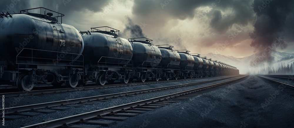 Poster Tanks with gas being transported by rail. Copyspace image. Header for website template
