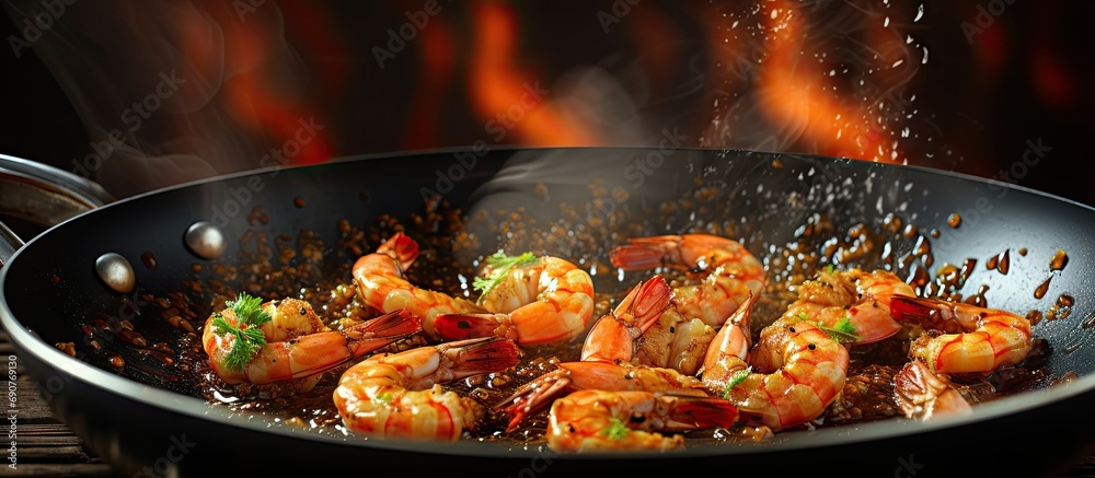 Aufkleber shrimps are fried in oil in a frying pan. copyspace image. header for website template